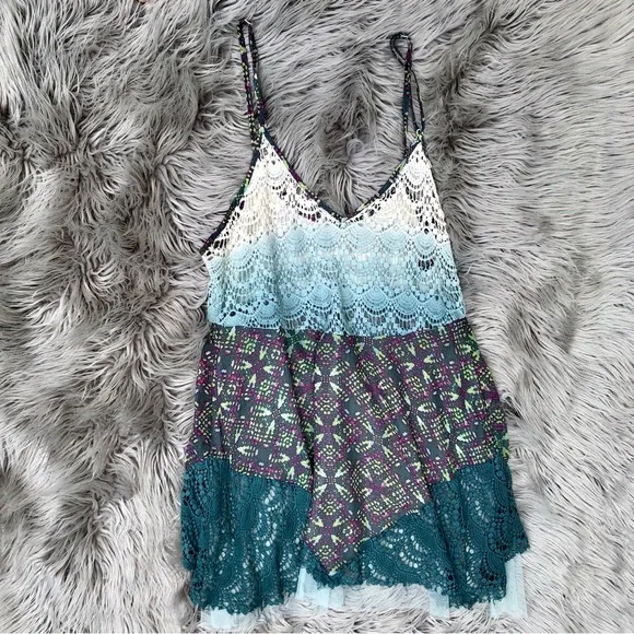 Mixed Media Sheer Fairy Grunge Print and Crochet Lace Slip Dress, Size Junior L - Picture 2 of 4